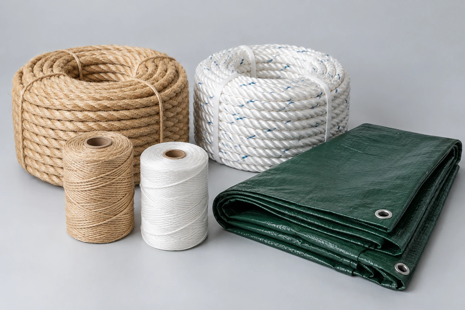 Coiled ropes, twine and a folded tarp