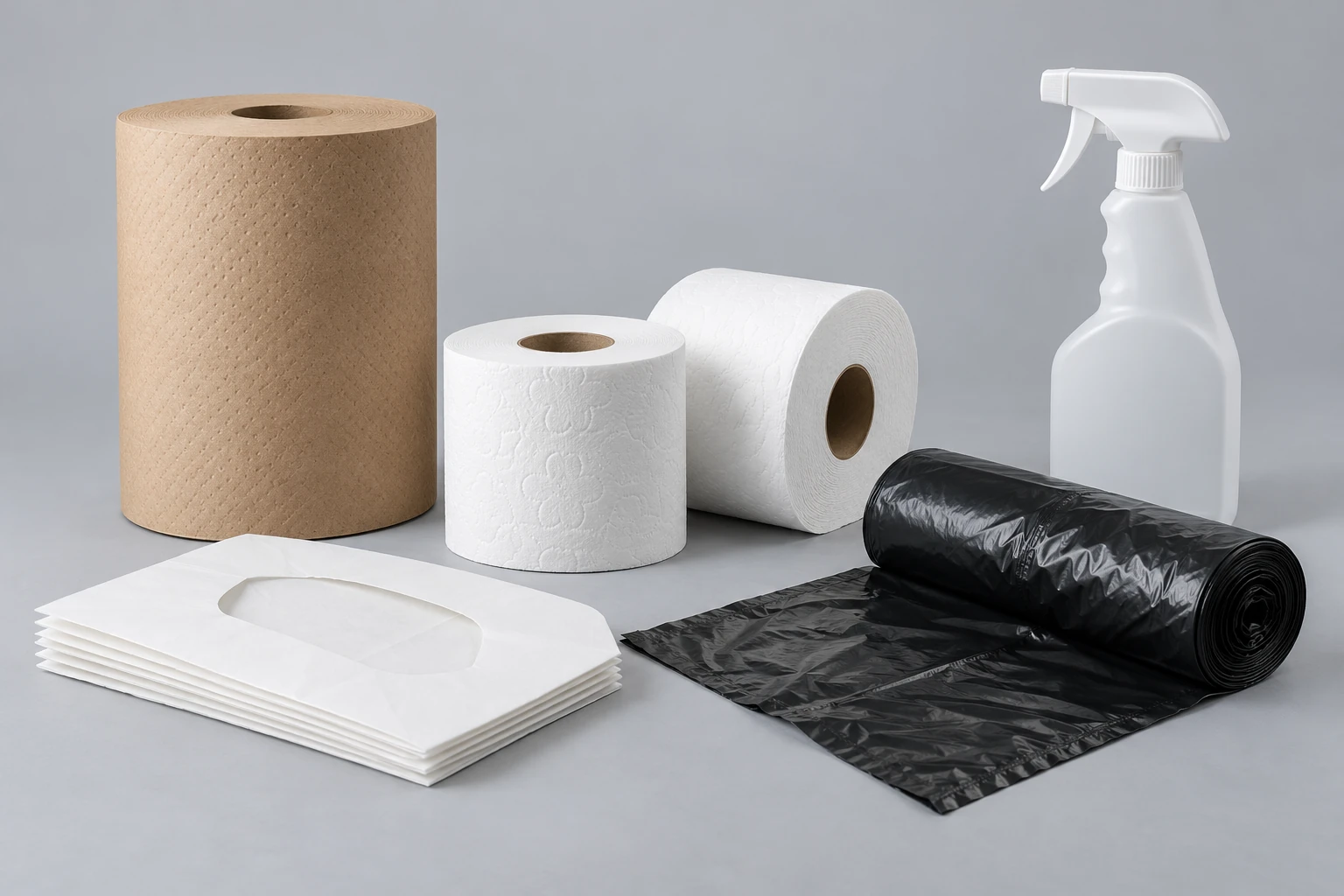 Roll towels, toilet paper, seat covers, can liners and cleaning bottle
