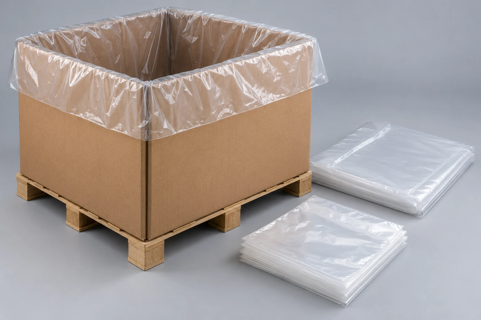 Clear poly bags, a lined bulk bin and folded pallet cover
