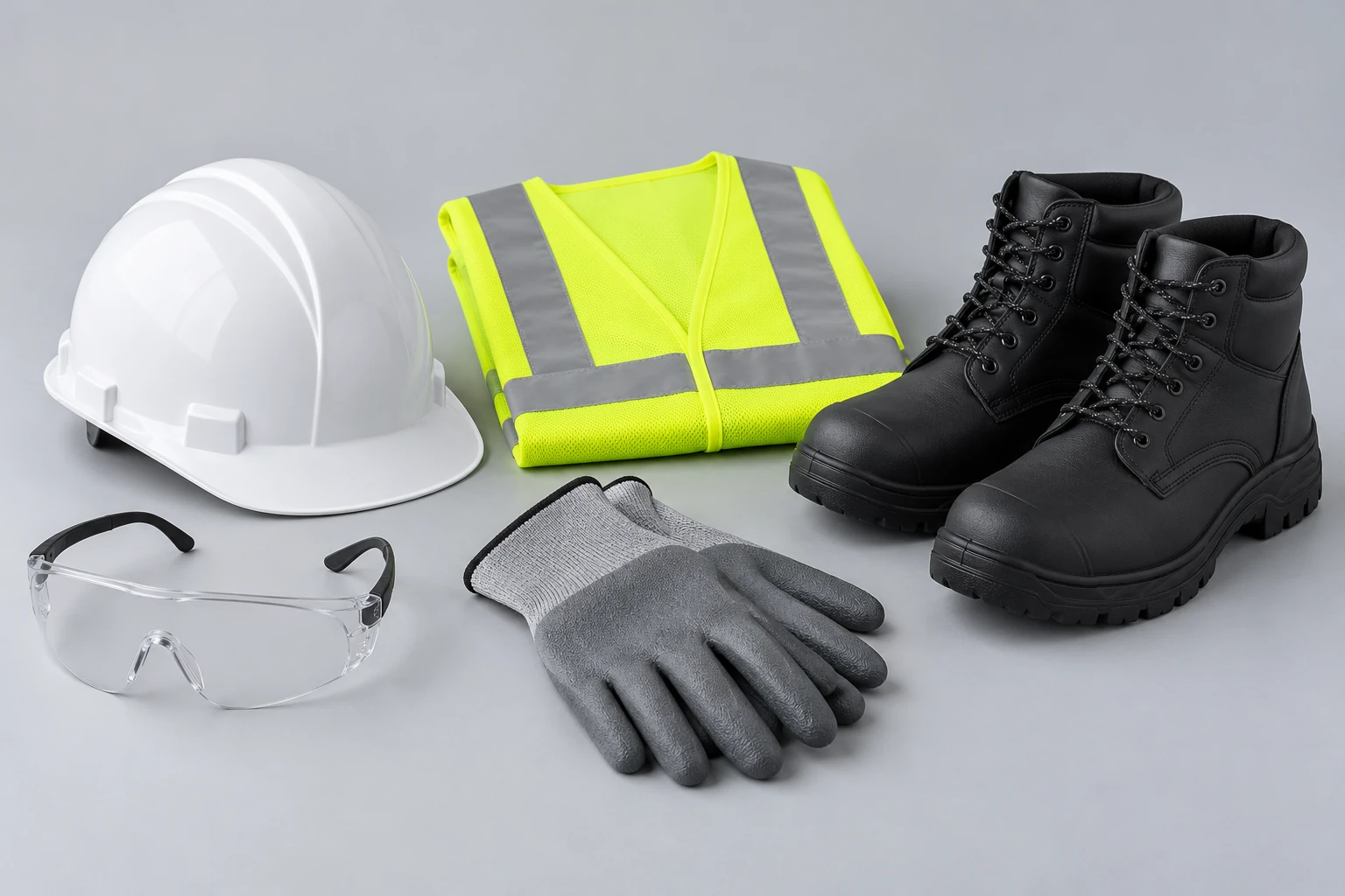 Hard hat, eyewear, gloves, reflective vest and work boots