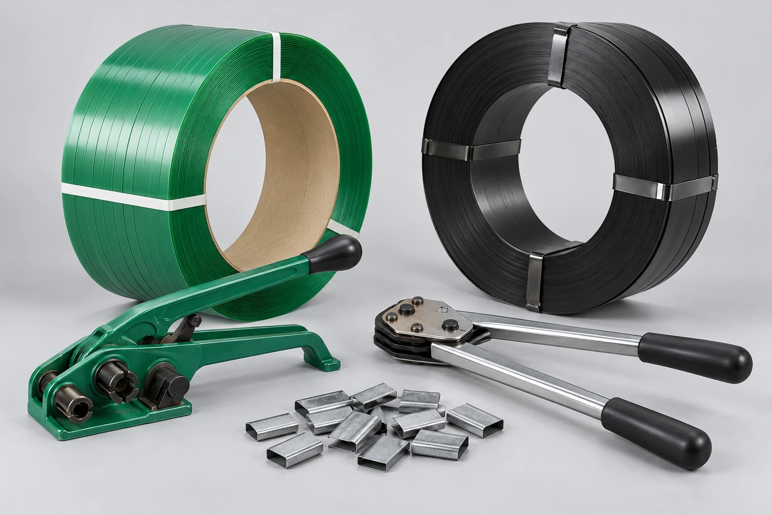 Polyester and steel strapping with tensioner, sealer and seals